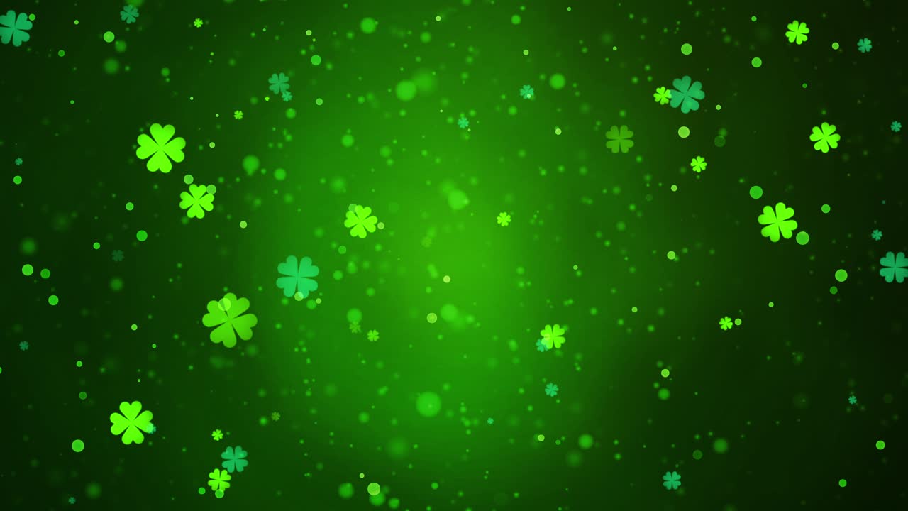 Loopable St. Patrick’s Day Animation with Glowing Four-Leaf Clovers Floating and Roating Against a Festive Green Backdrop - Seamless Motion Background