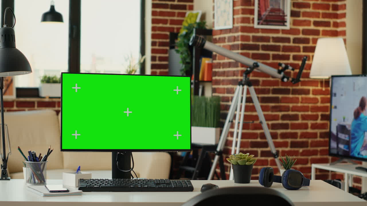 Ufficio vuoto con monitor e greenscreen sul computer