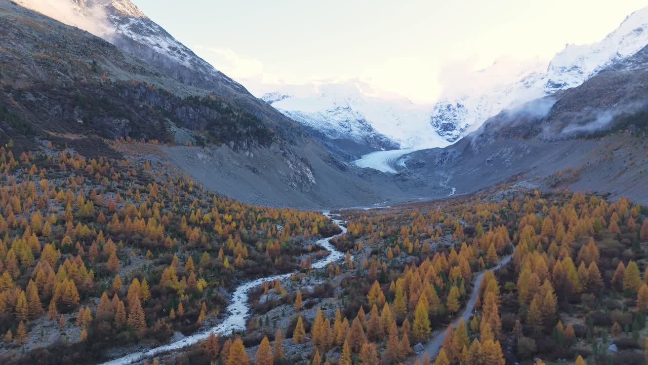 impresionante paisaje de otoño del valle de morteratsch en graubünden, suiza, con larices dorados, ríos sinuosos, escarpadas laderas de las montañas y picos cubiertos de nieve con formaciones glaciales en la distancia