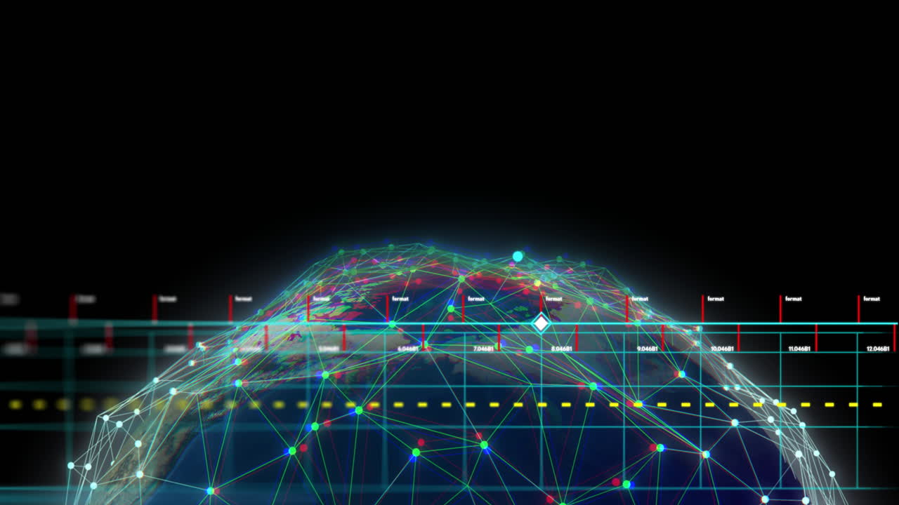 Animation of financial data processing over globe on black background