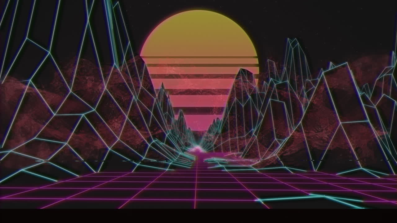 Animation of interference over digital mountains and sun on black background