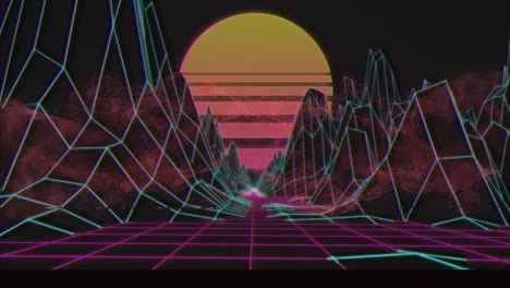 animation of interference over digital mountains and sun on black background