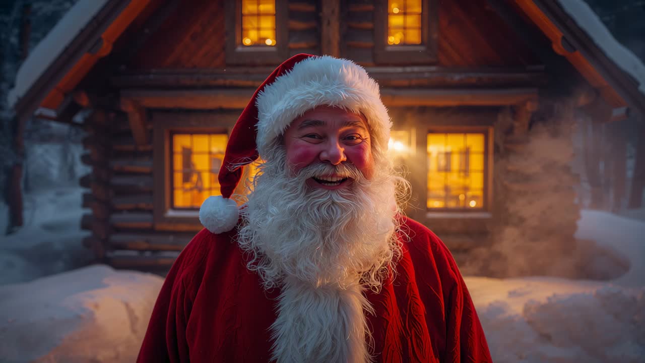Camera pulling back, Santa-clad man stepping backward by steaming log cabin, revealing belt buckle