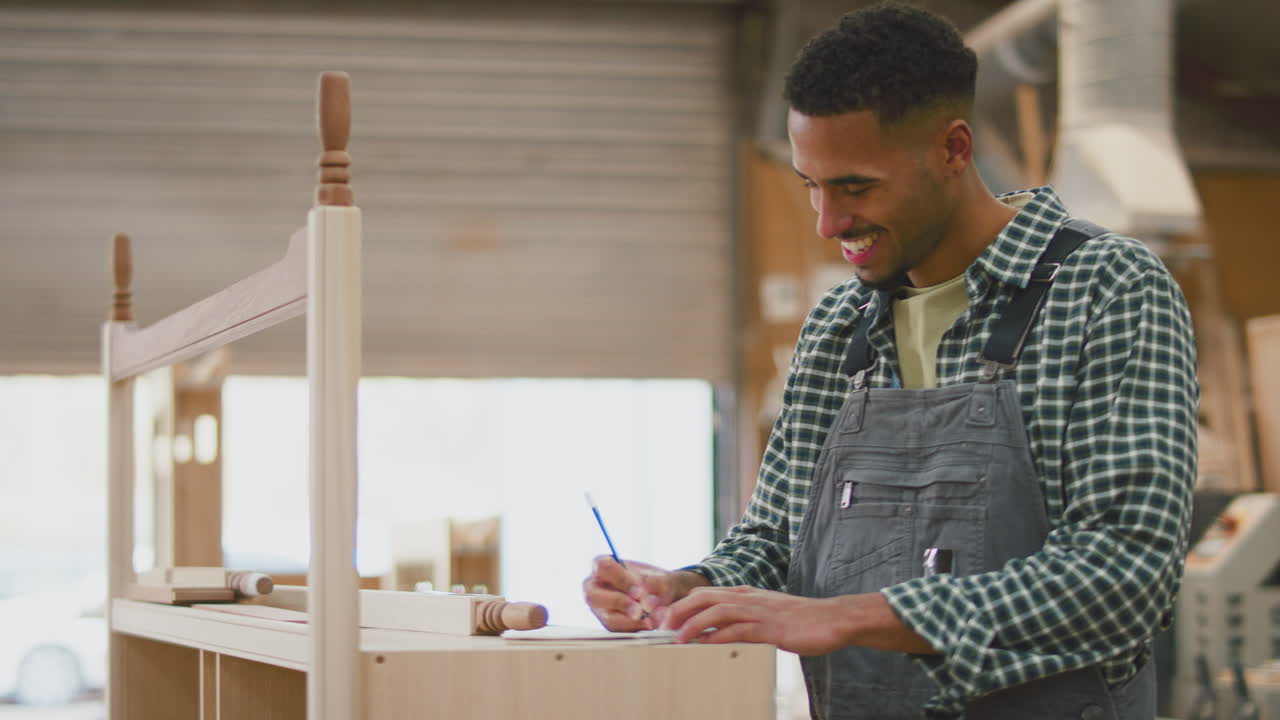 aprendiz masculino que trabaja como carpintero en un taller de muebles haciendo notas