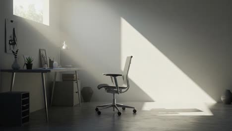 a serene workspace: exploring the evolution of light and shadow in a modern office environment with a chair in focus and minimalist aesthetics