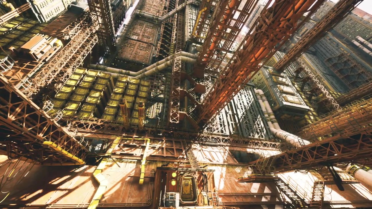 Högteknologisk reaktorkammare upplyst av varmt bärnstensfärgat ljus och reflekterande paneler