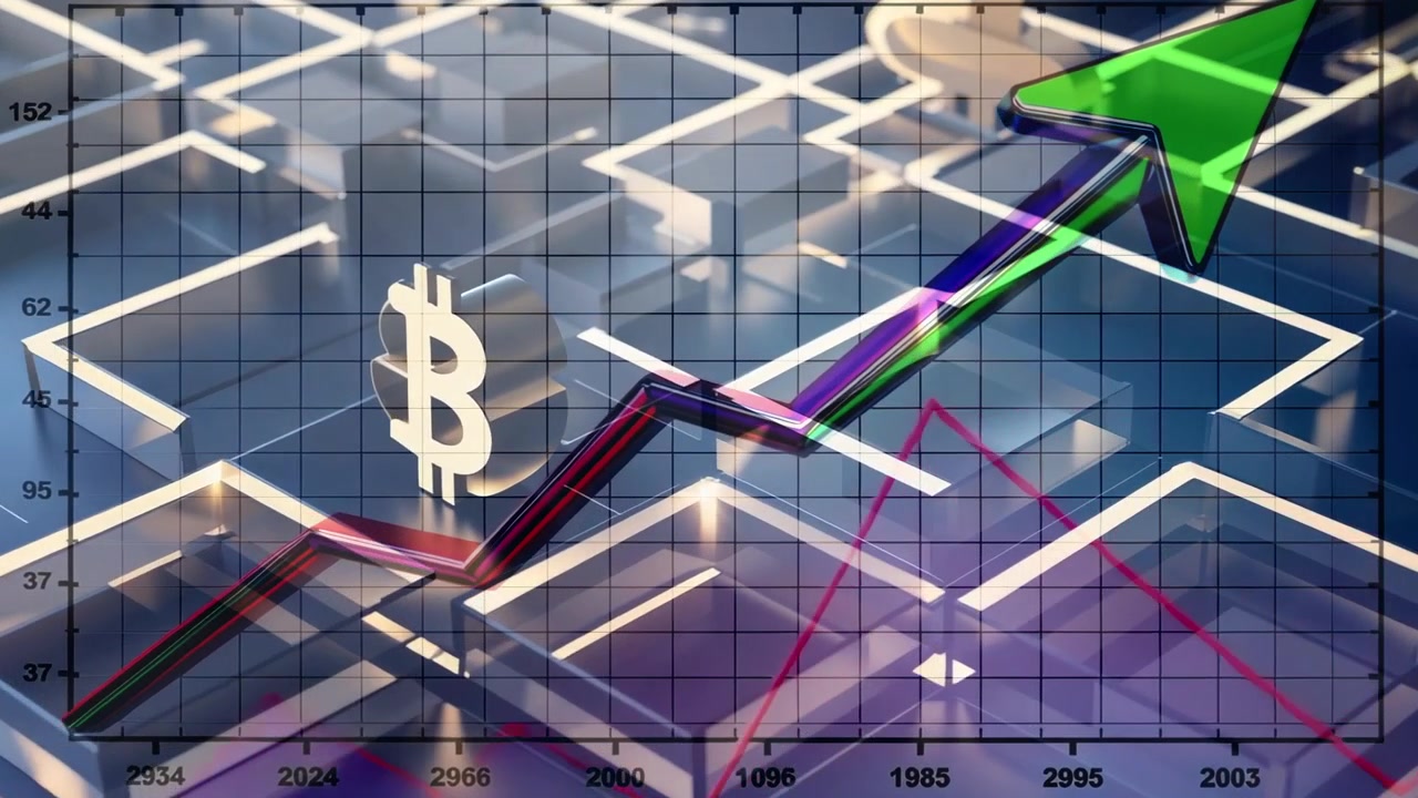 Animowany wykres liniowy wznoszący się na siatce labiryntu 3D, pojawiający się symbol Bitcoina, strzałka pokazująca trend wzrostowy