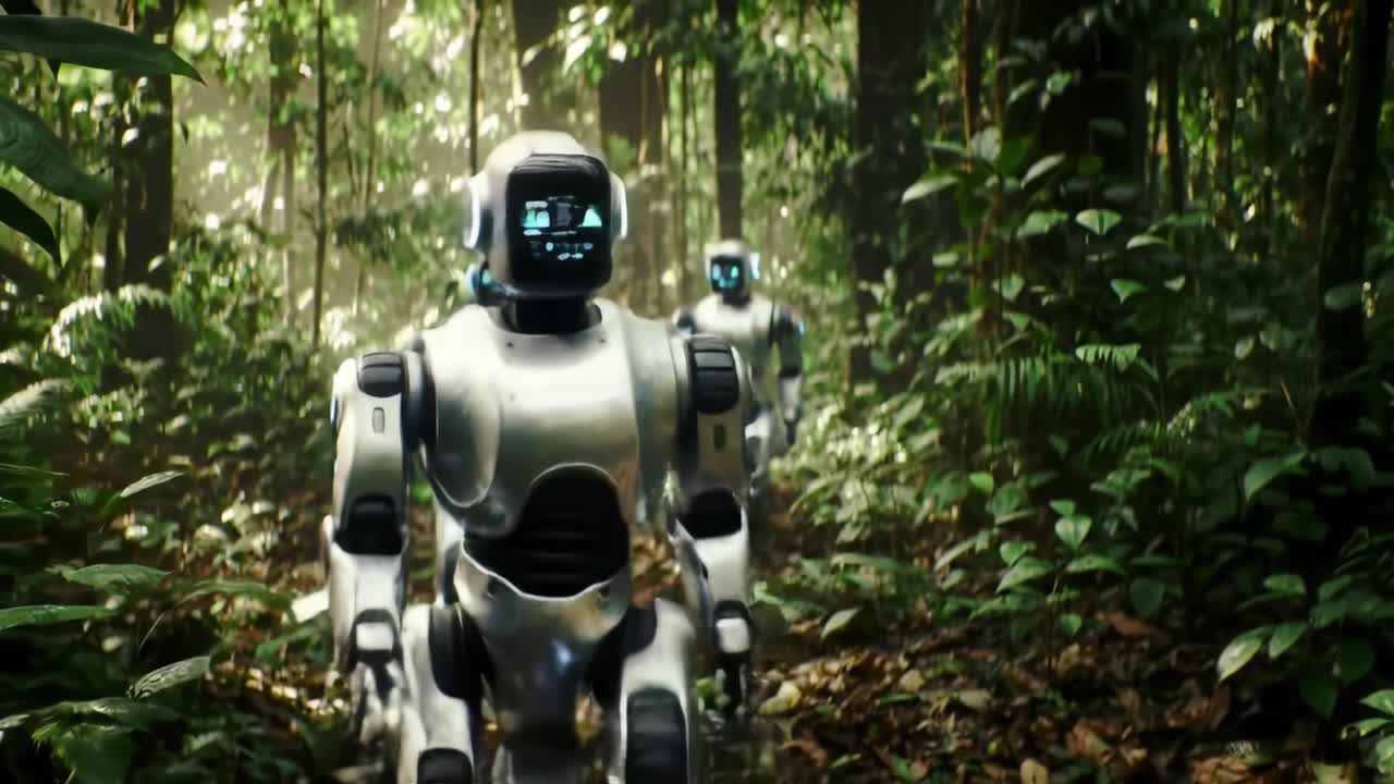 In a lush forest, robotic figures navigate through dense greenery, demonstrating futuristic capabilities while interacting with their surroundings.