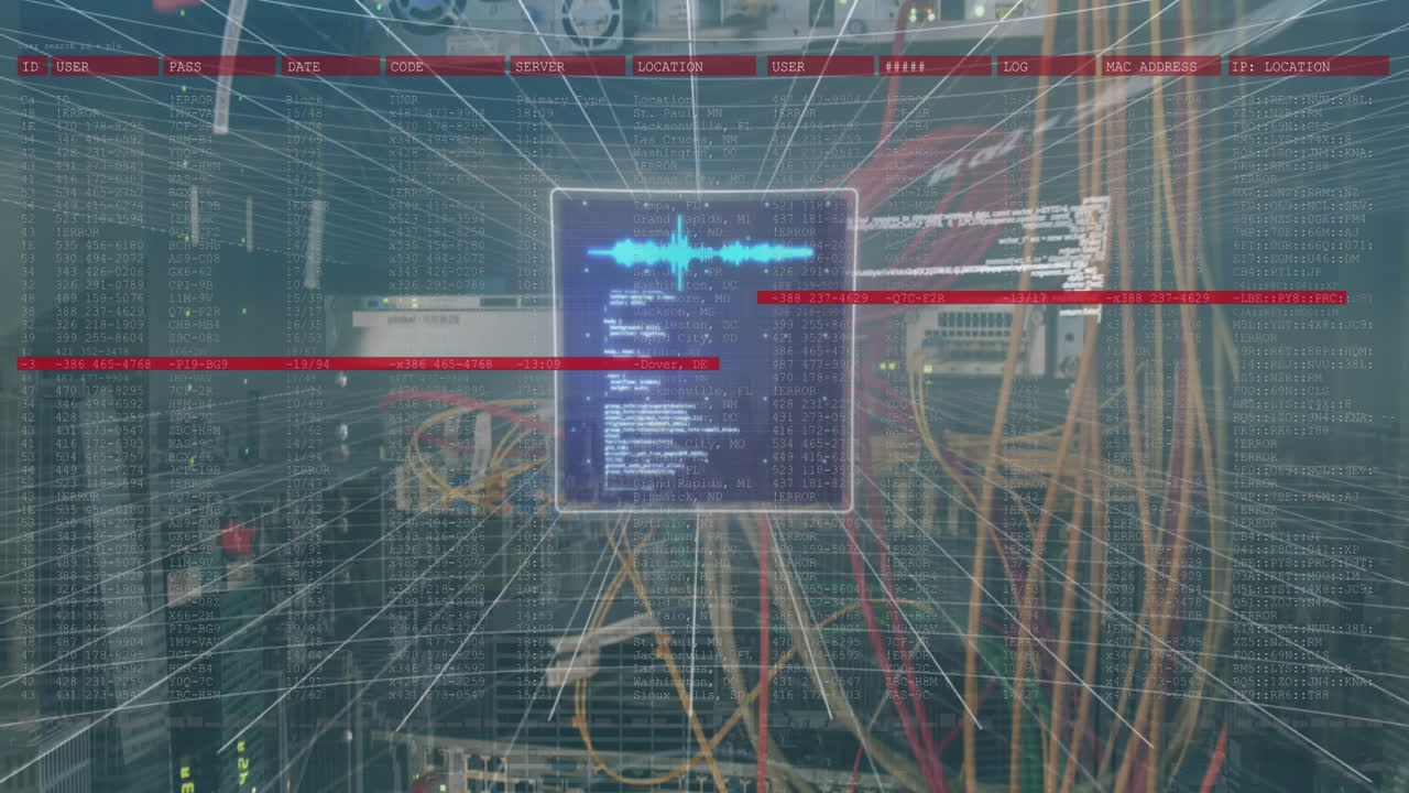 animación de pantallas con procesamiento de datos contra el primer plano de un servidor de computadora
