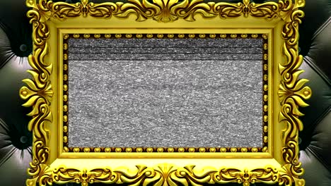 la cámara hace zoom en el marco de la imagen de oro en el fondo de tapicería negra de lujo. el ruido de la televisión y la tecla de croma verde se reproducen en la pantalla. animación 3d.
