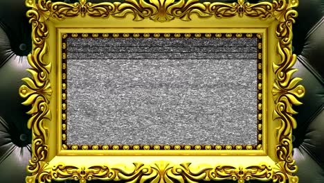 camera zoom into the gold picture frame on background of luxury black upholstery. tv noise and green chroma key plays on the screen. 3d animation.