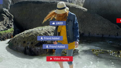 woman wading barefoot through rocky tidepool, visualizing education data chart and leaf icons