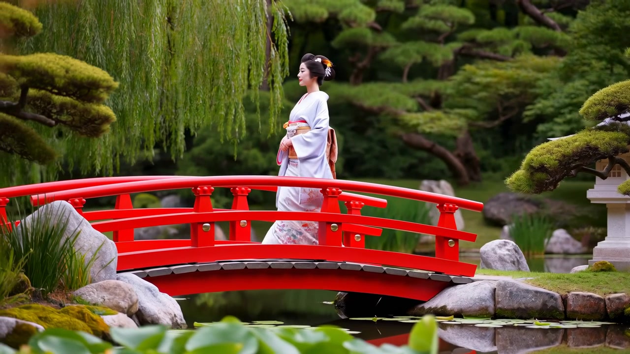 Una donna in un kimono leggero sta in piedi su un ponte ad arco rosso brillante in un tranquillo giardino paesaggistico con uno stagno, alberi potati, pietre e una luce diurna soffusa.