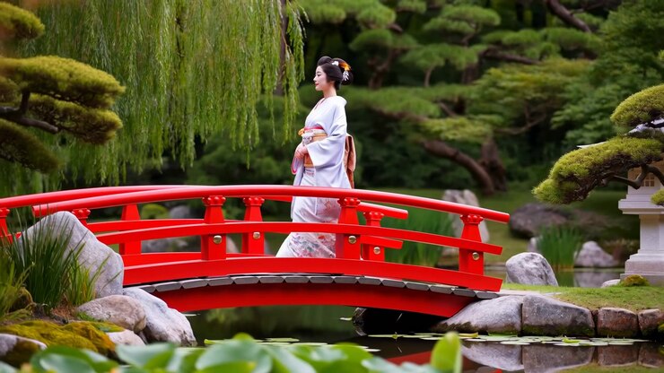 Una donna in un kimono leggero sta in piedi su un ponte ad arco rosso brillante in un tranquillo giardino paesaggistico con uno stagno, alberi potati, pietre e una luce diurna soffusa.