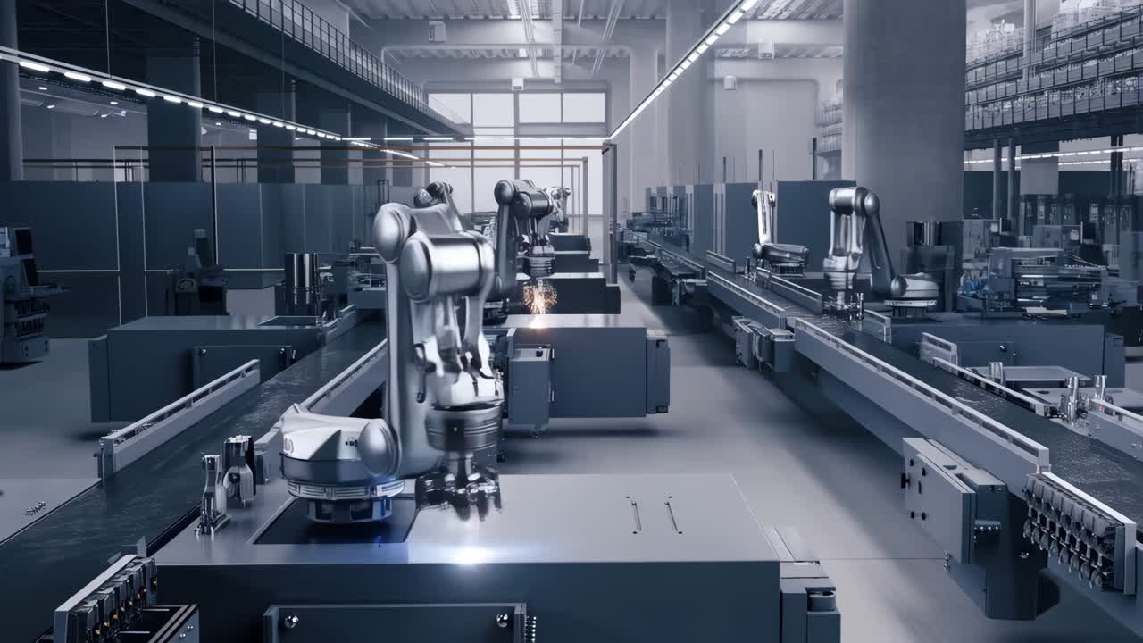 Automated Factory with Robotic Arms on Assembly Lines