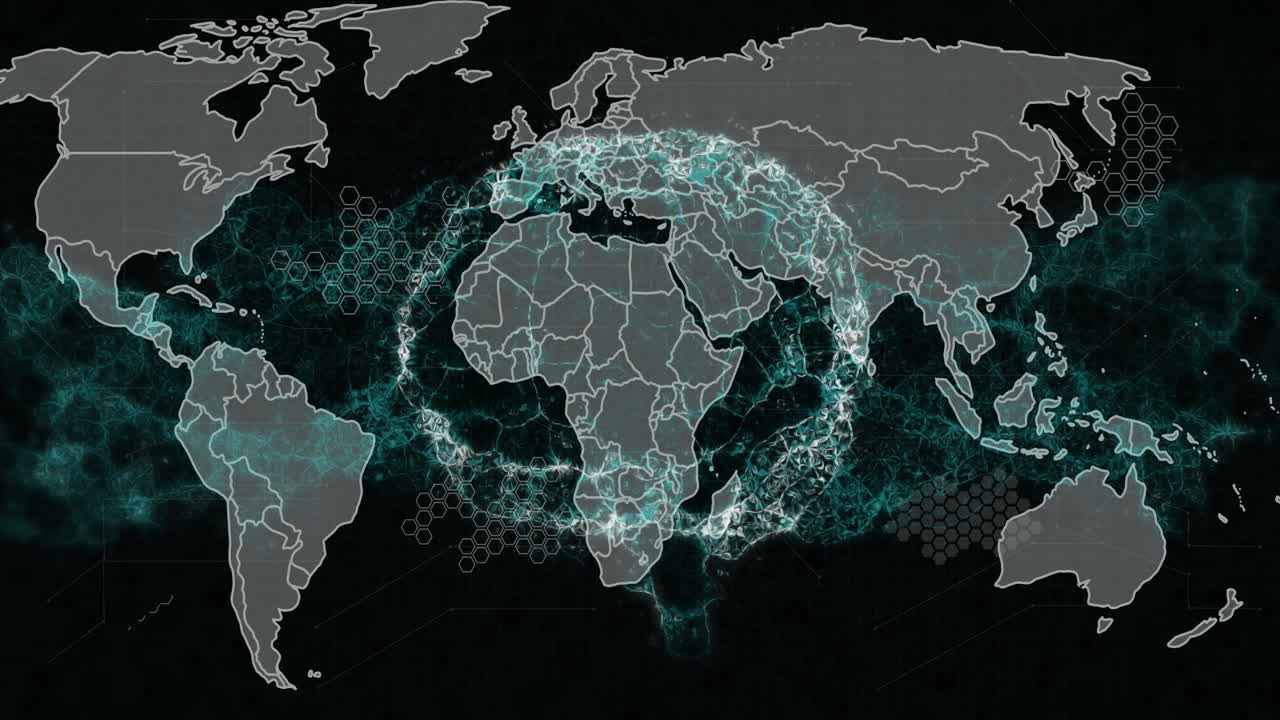 Animation of data processing over human brain and world map