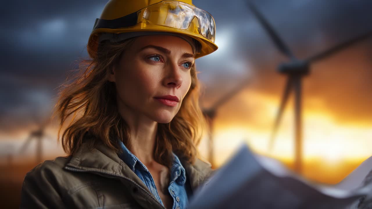 A focused landscape engineer studies blueprints as the sun sets behind a scene of wind turbines, illustrating commitment to sustainable energy and environmental engineering amid changing skies