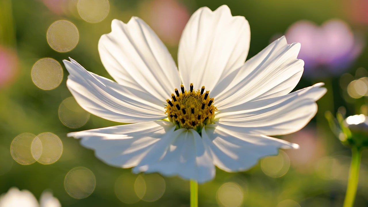 Nærbilde av en hvit kosmosblomst i gyllent solnedgangslys