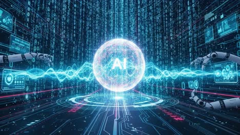 a futuristic visualization of artificial intelligence represented by a glowing sphere surrounded by data and robotic hands in a digital environment