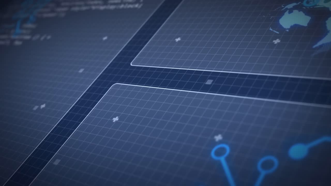 지구 회전, 프로세서 요소 및 데이터 처리의 애니메이션은 그리드 위의 화면에 있습니다.