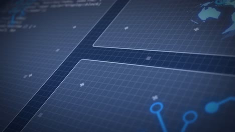 Animation of globe spinning, processor elements and data processing on screens over grid