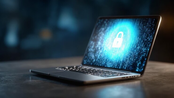 A Close-Up View of a Secure Laptop Displaying a Lock Symbol Against a Digital Background, Representing Cybersecurity and Data Protection in an Increasingly Online World