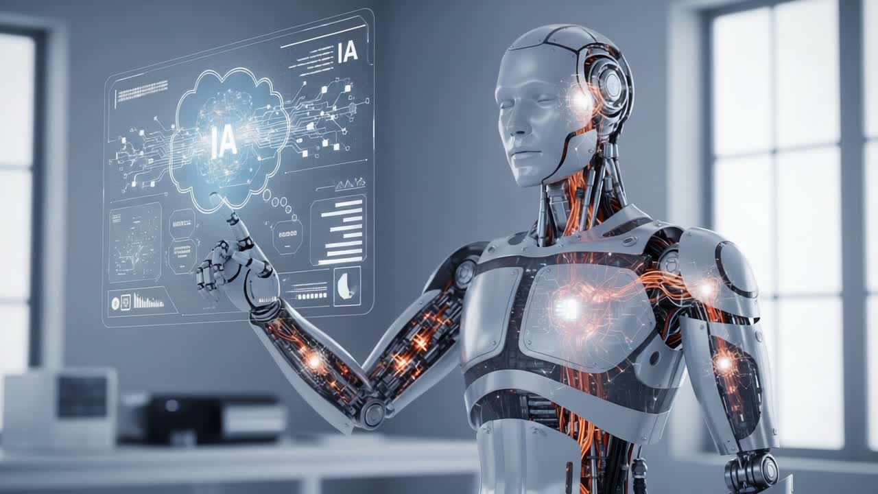 A Futuristic Android Analyzes Digital Data Display, Showcasing Advanced Technology and AI Capabilities in a Modern Environment