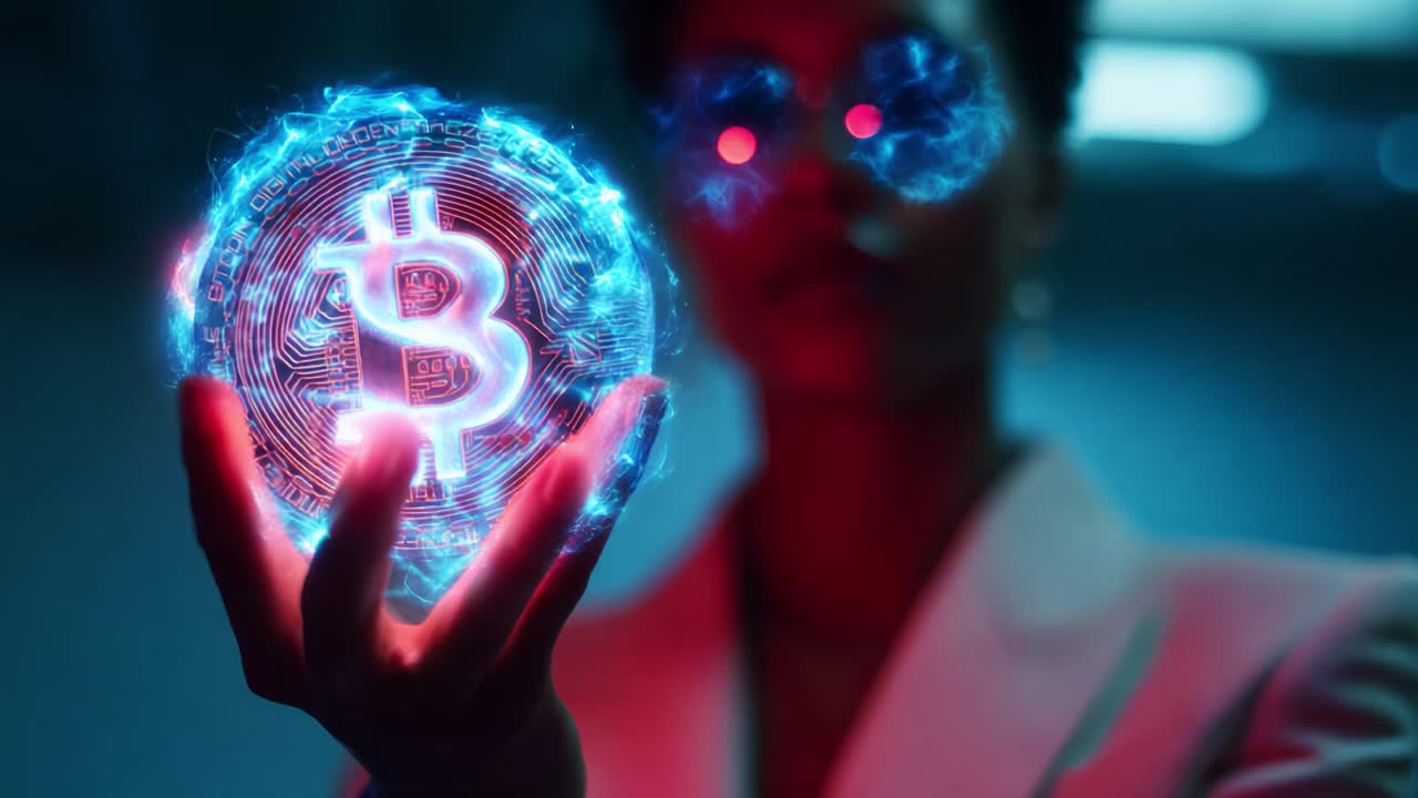 A captivating scene reveals a person holding a glowing Bitcoin symbol within a digitally enhanced environment that highlights the fusion of technology and cryptocurrency aesthetics