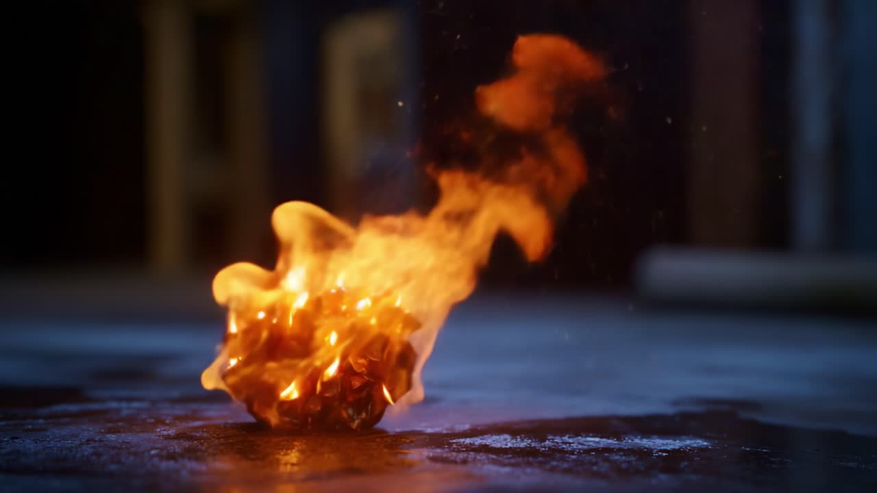 Una rappresentazione ipnotica di fiamme che avvolgono una palla infuocata a terra, che mostra il movimento dinamico e i colori vivaci del fuoco in un accattivante primo piano