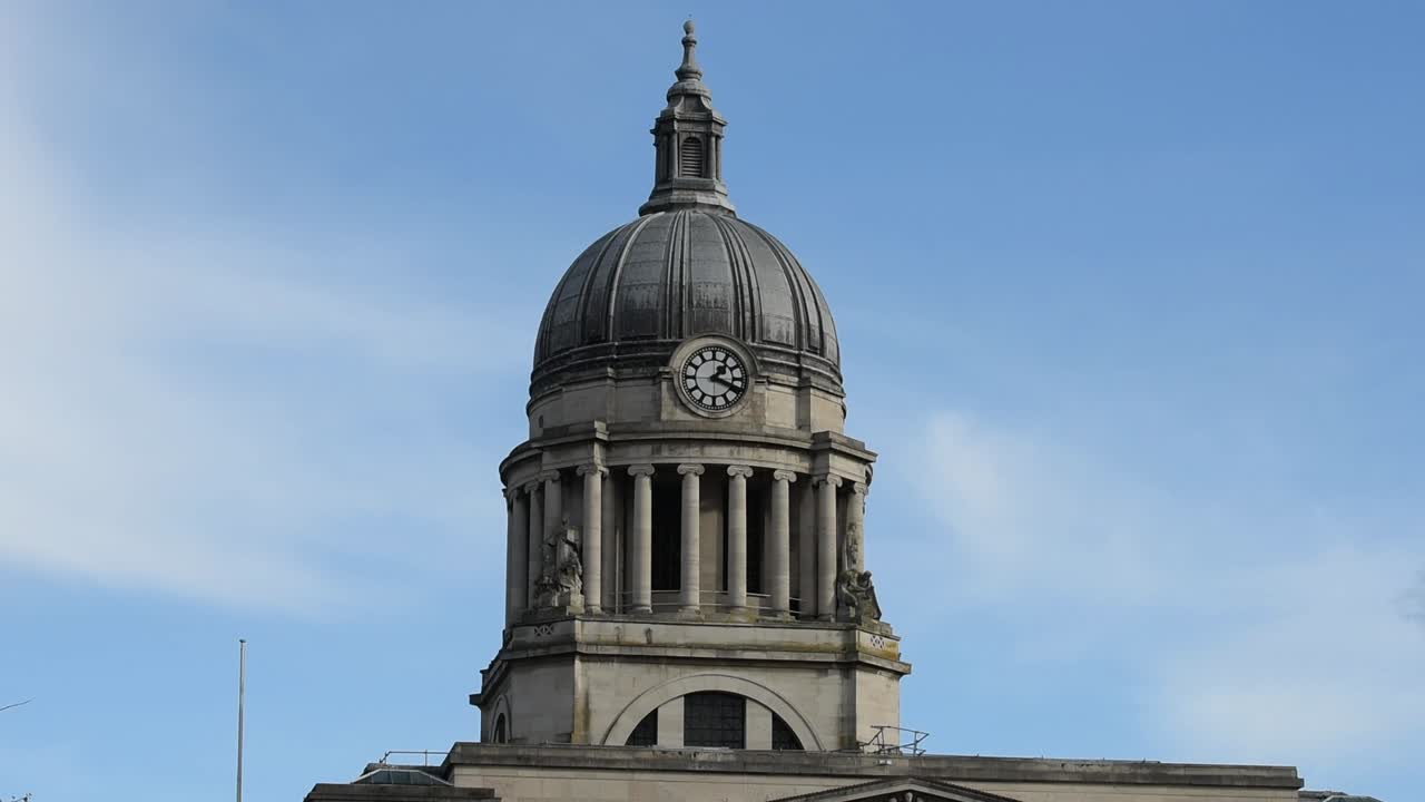 Close-up view of the historic Council House Clock, a landmark in Old Market Square at the heart of Nottingham city centre, England, highlighting its architectural details