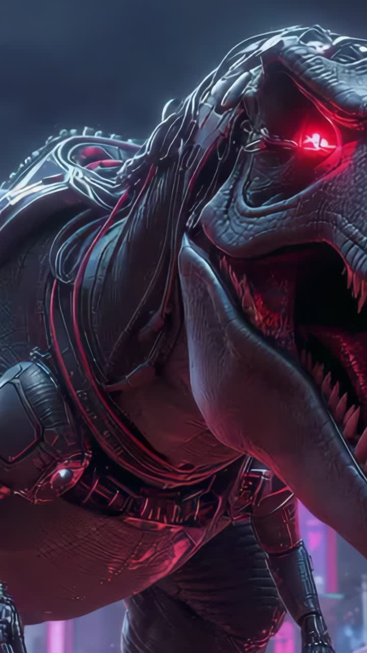 Vertical video: Emerging mech T rex into neon-lit city street, baring jaws, revealing glowing eye
