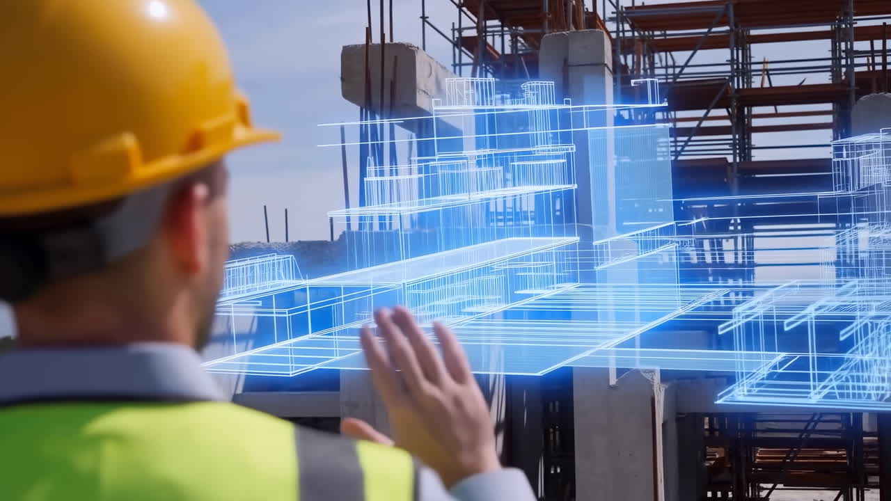 Pekerja Konstruksi dengan Cetak Biru Holografik di Lokasi Proyek