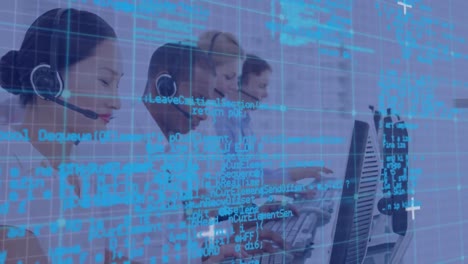 animación del procesamiento de datos sobre personas de negocios que usan auriculares telefónicos