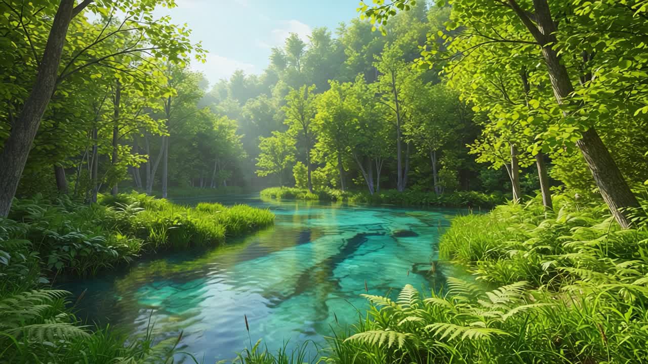 A Tranquil Scene of Lush Green Trees Surrounding a Serene Blue River, Capturing the Essence of Nature's Beauty and the Stillness of a Peaceful Environment