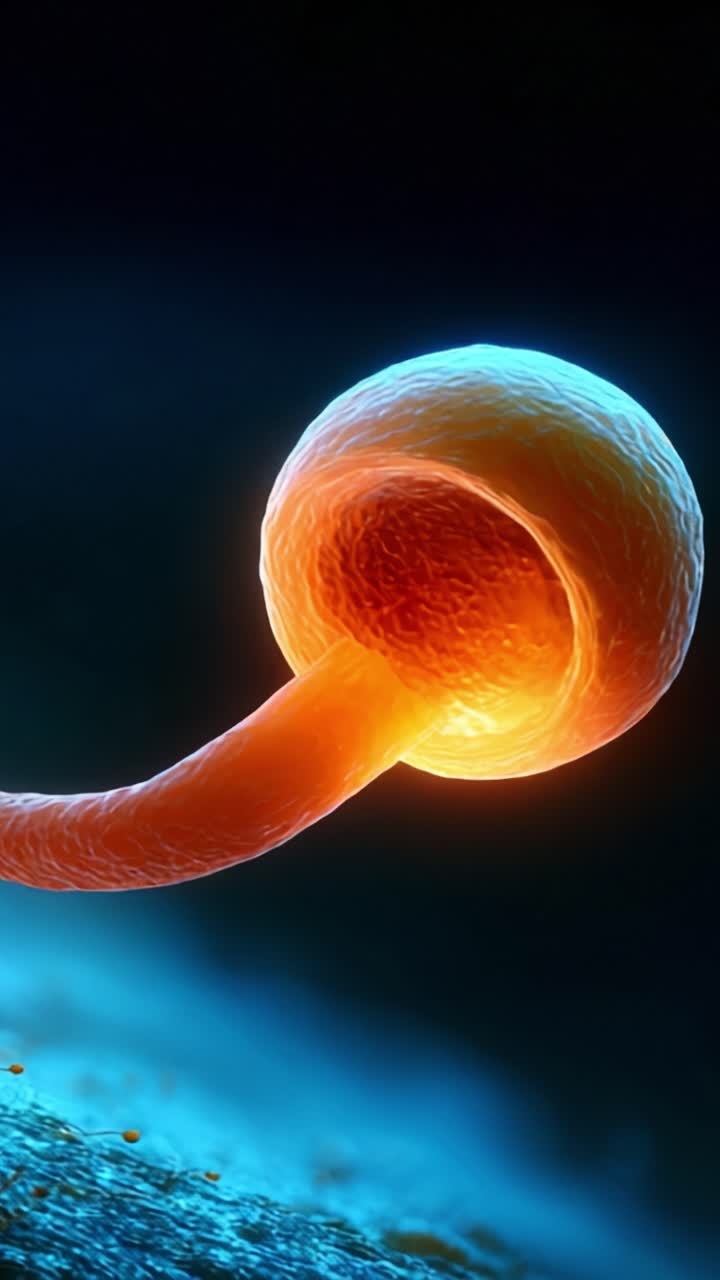 Visualizzazione ingrandita di uno spermatozoo arancione brillante che si avvicina a un ovulo, che cattura le complessità della biologia riproduttiva con dettagli sorprendenti