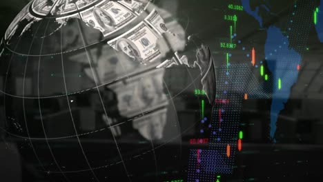 procesamiento de datos financieros sobre un globo giratorio de dólares estadounidenses contra una oficina vacía