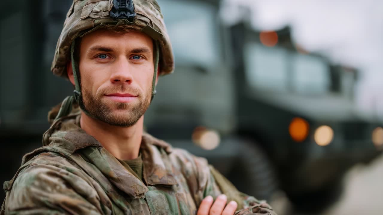 Soldato sicuro di sé in uniforme militare che posa davanti a veicoli dell'esercito, che rappresenta la dedizione e il valore al servizio del Paese e della comunità