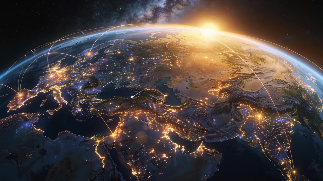 La telecamera esegue una panoramica, ruotando la Terra per rivelare l'alba su Europa, Medio Oriente e India, mostrando archi di rete