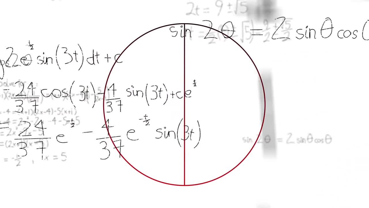 Animation of red outlined circle divided in half and scientific data processing on white background