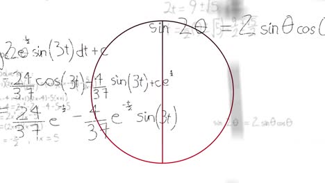 animación de un círculo delineado en rojo dividido por la mitad y procesamiento de datos científicos sobre fondo blanco