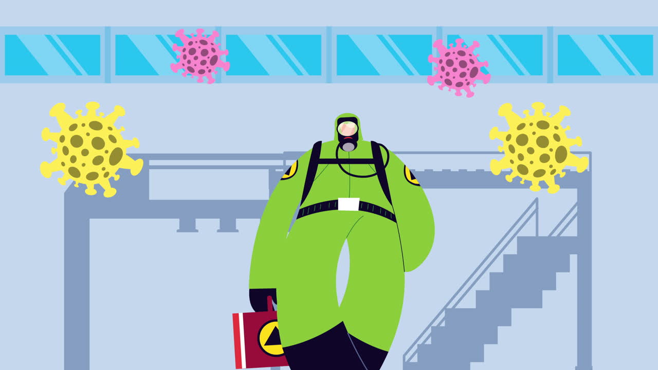 공장에서 covid-19 보호를 위해 생물 안전복을 입은 산업 노동자