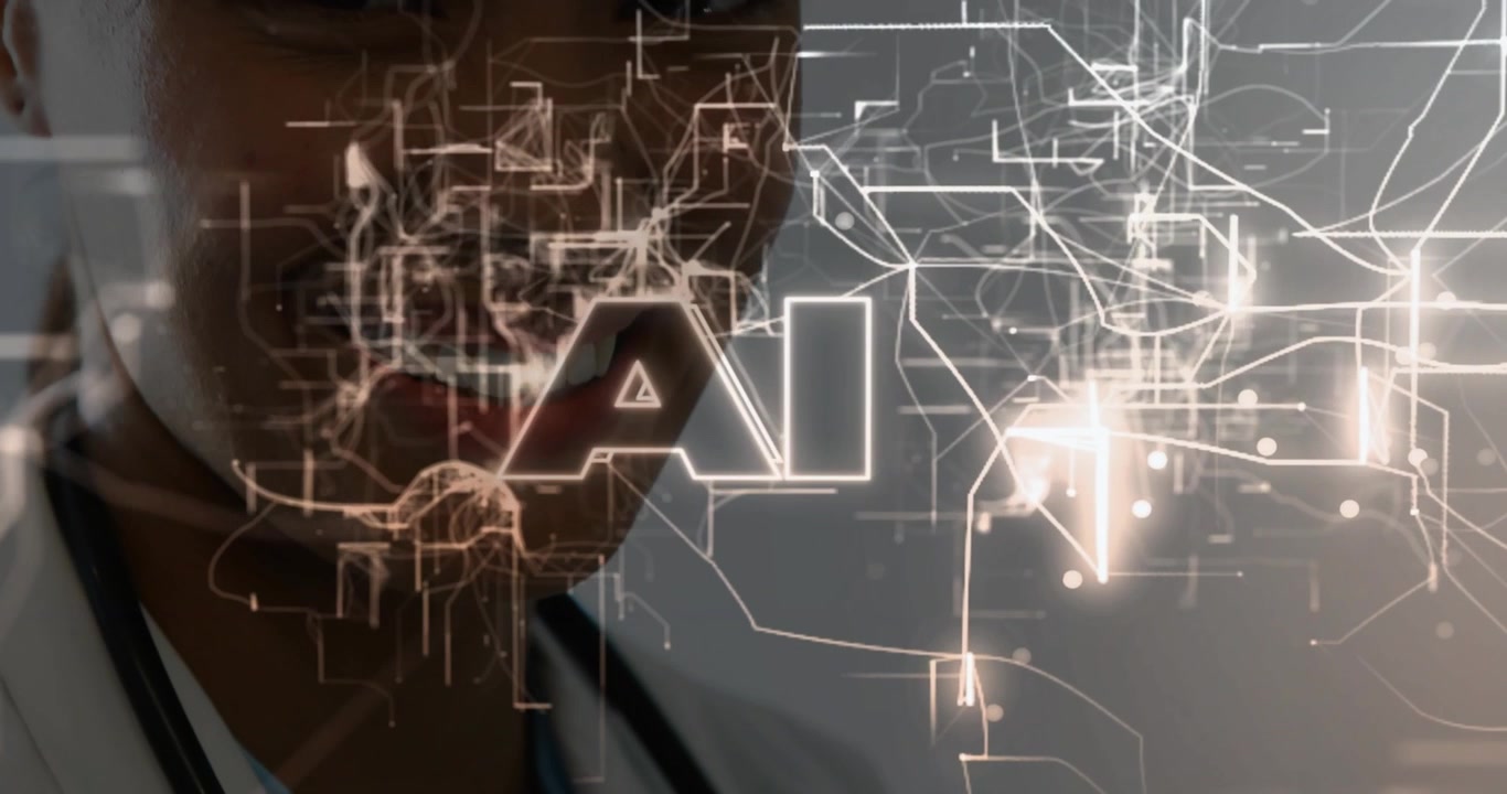 Doctor with stethoscope encountering digital network forming AI display for healthcare integration
