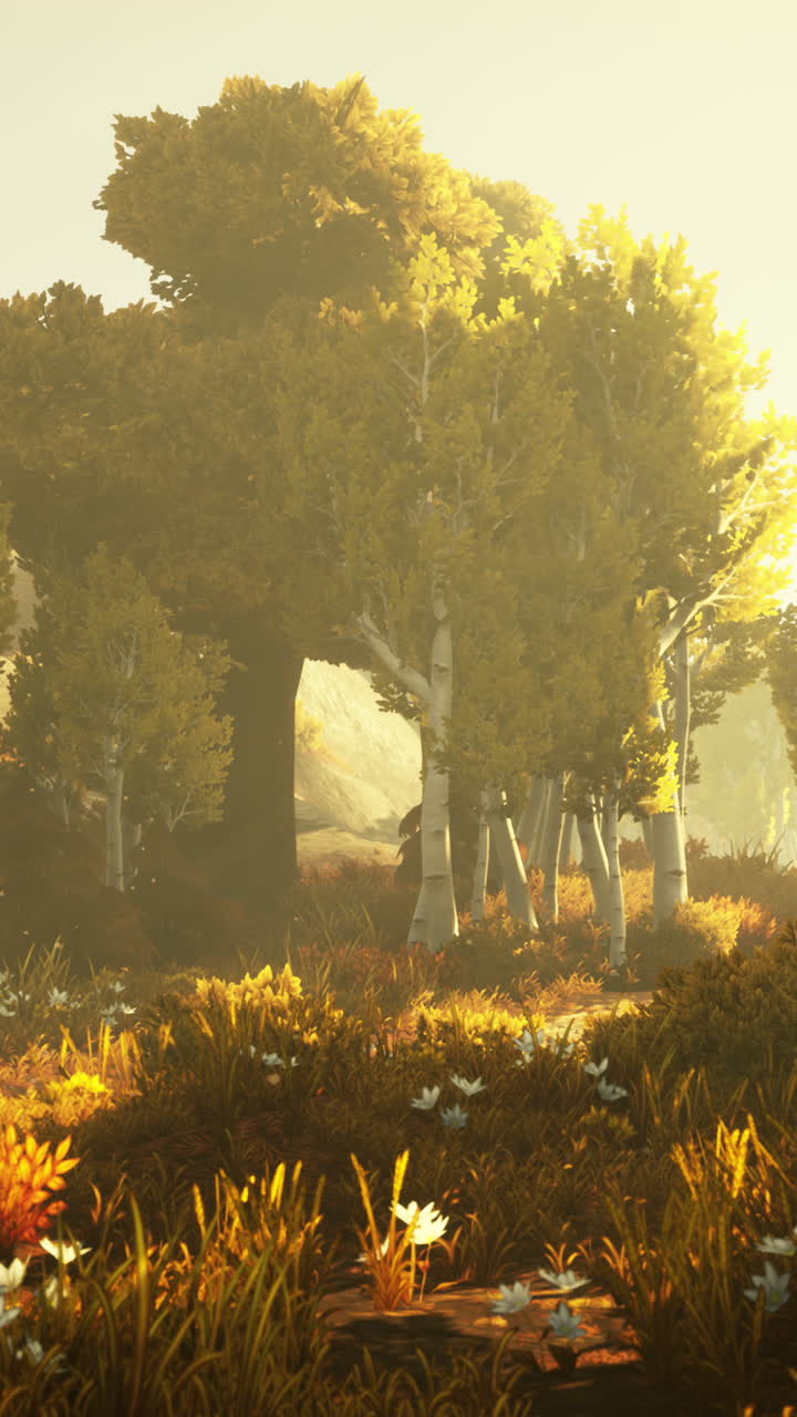 나무 들 을 가로질러 흐르는 황금빛 의 빛 이 있는 아름답고 평화로운 숲 장면