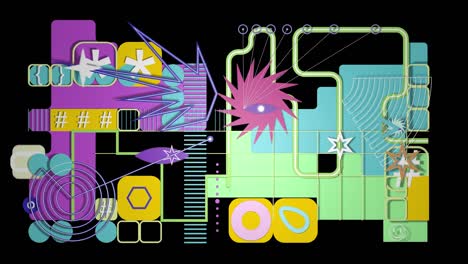 Geometric shapes moving around a grid.