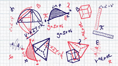 ecuaciones matemáticas y formas geométricas que se mueven contra el papel alineado cuadrado