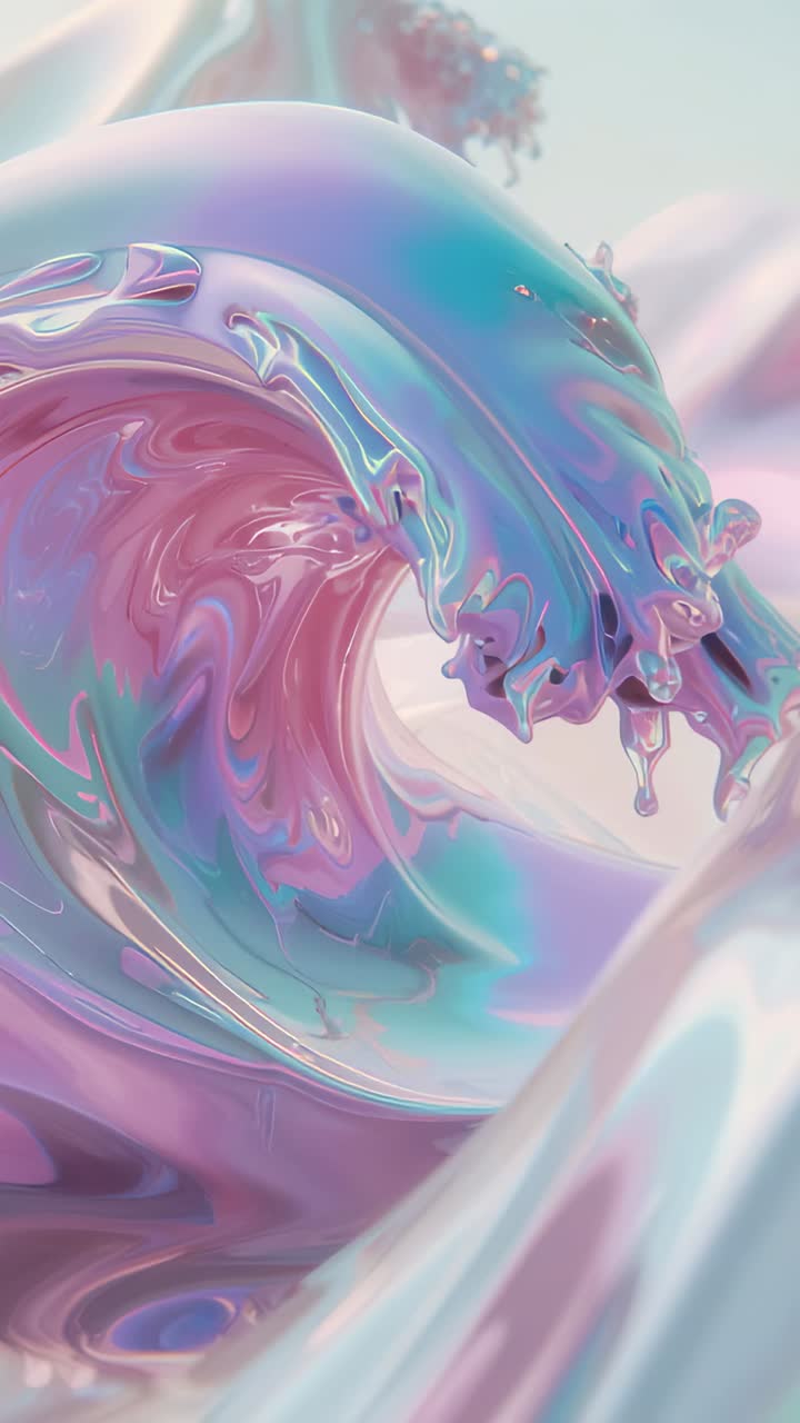 Vertical video: Starting glossy wave undulating in CGI scene, with curling crest and droplets