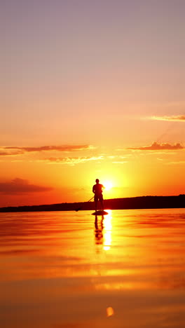 stunning sunset on the river in summer. one man practicing paddle boarding alone on the calm evening. low angle view. vertical video.