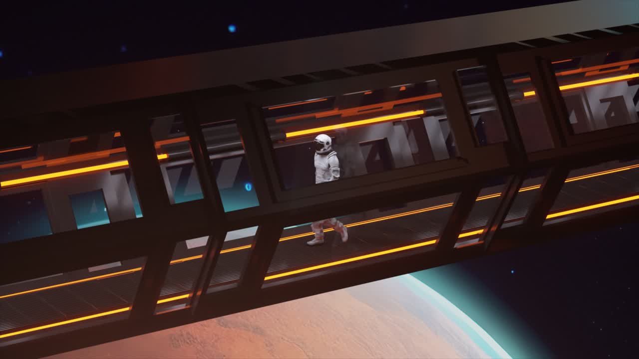 astronauta che cammina attraverso un corridoio spaziale