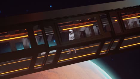astronauta caminando por un corredor espacial