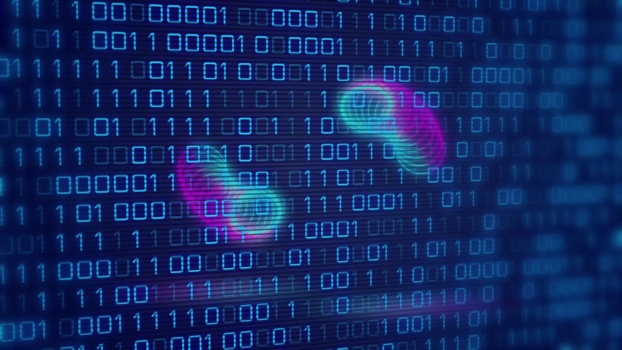 Animation of circles over binary code on navy background